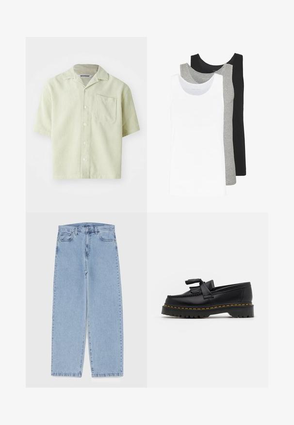 Kortærmet skjorte i lys grøn med stribemønster, enkelt brystlomme og knaplukning foran. Fremstillet af åndbart stof med en afslappet pasform.; Tre tank tops i hvid, grå og sort. Hver af dem har et klassisk ærmeløst design, lavet af let bomuldsstof med ribbet tekstur.; Lyseblå denimjeans med straight leg-design, der har en mid-rise talje, fem lommer og en lukning med knap og lynlås.; Sort læderloafer med en frynsedetalje, der har en kraftig sort sål og gul syninger langs kanten. Teksturert overflade.