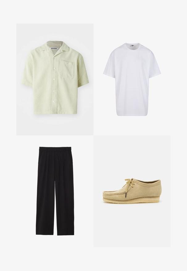 Camicia a maniche corte di colore verde chiaro con motivo a righe, taschino singolo sul petto e chiusura con bottoni. Realizzata in tessuto traspirante con una vestibilità rilassata.; Maglietta bianca in cotone con maniche corte, scollatura rotonda, vestibilità comoda e senza loghi o motivi visibili. Texture liscia e design minimale.; Pantaloni neri a gamba larga con frontale plissettato, tasche laterali e una texture di tessuto liscia. Progettati per un fit comodo.; Scarpa in suede beige con design a lacci, dettagli cuciti e suola in gomma. La forma è casual con un leggero tacco a cuneo.