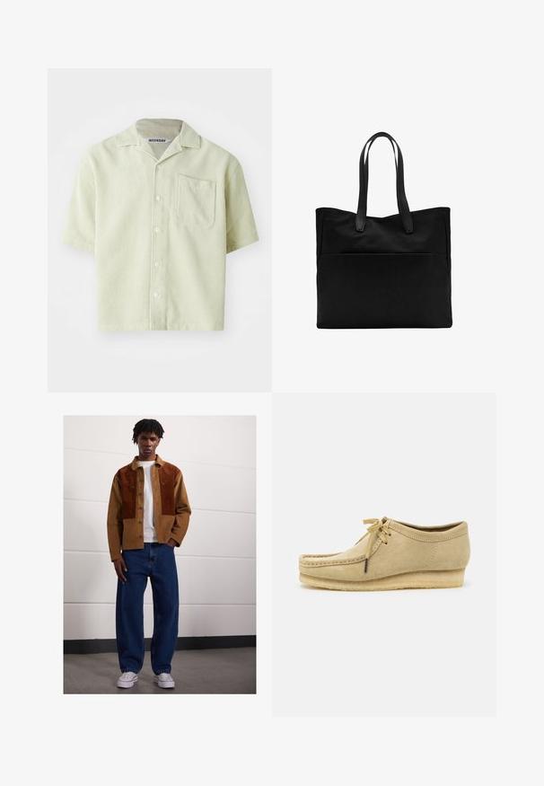 Camicia a maniche corte di colore verde chiaro con motivo a righe, taschino singolo sul petto e chiusura con bottoni. Realizzata in tessuto traspirante con una vestibilità rilassata.; Uomo che sta in piedi all'interno, indossando una giacca di velluto a coste marrone con macchie arrugginite, una maglietta bianca, jeans blu larghi e sneaker bianche.; Scarpa in suede beige con design a lacci, dettagli cuciti e suola in gomma. La forma è casual con un leggero tacco a cuneo.; Borsa tote nera con due manici lunghi, realizzata in tessuto liscio. Presenta una tasca frontale e un design minimalista. Nessun hardware o motivo visibile.