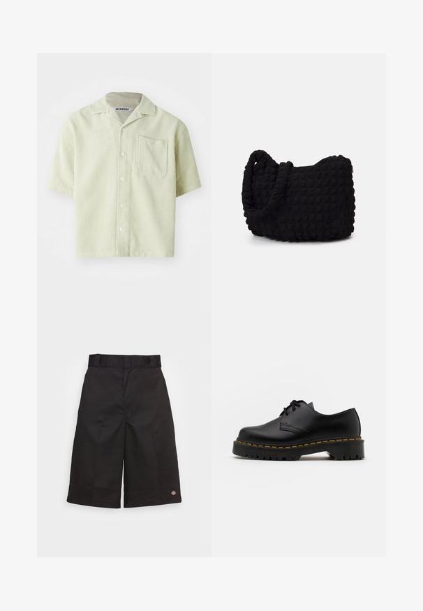 Short-sleeve shirt in light green with pinstripe pattern, single chest pocket, and button front. Made from breathable fabric with a relaxed fit.; Black cotton shorts with a straight cut, knee-length, featuring a visible brand logo on the hem and a smooth texture.; Black leather lace-up shoe with a rounded toe, textured rubber sole, and yellow stitching around the base. Flat design and smooth finish.; Black fabric bag with a textured, quilted pattern. Rounded shape, short, thick handles, and a soft, flexible structure.
