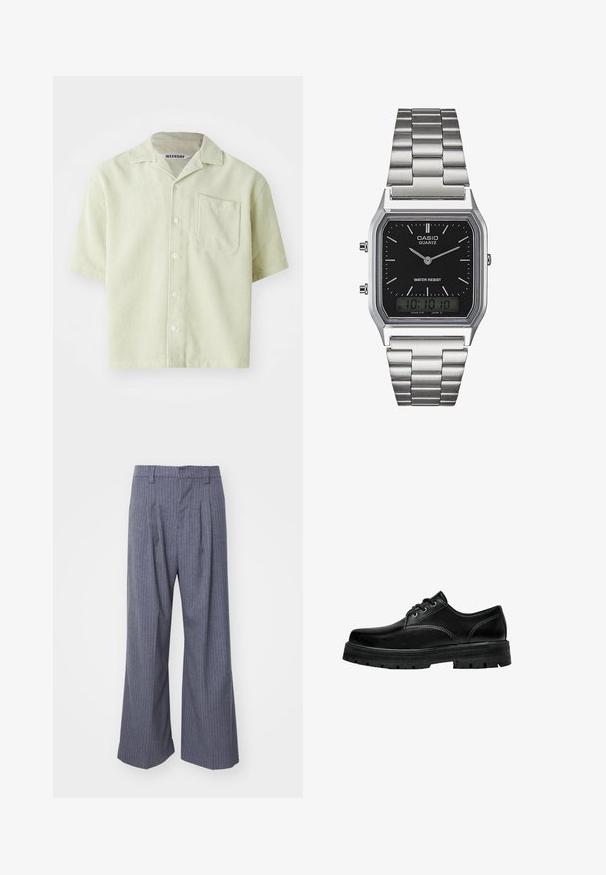 Lyhythihainen paita vaaleanvihreänä, jossa on pinstripe-kuvio, yksittäinen rintatasku ja nappisuljenta. Valmistettu hengittävästä kankaasta rentoa istuvuutta varten.; Harmaat raidalliset housut, joissa on leveä lahjeosa, etupuolella on laskokset ja sileä pinta. Ei näkyvää metalliosaa tai koristeita.; Musta nahkainen nauhakenkä, jossa on pyöreä kärki, teksturoitu pinta ja paksu kumipohja, jossa on syvät urat pitoa varten.; Vesipitävä musta neliskulmainen quartz-kello, jossa on hopeanvärinen ruostumaton teräsranneke, analogiset viisarit ja digitaalinen näyttö.