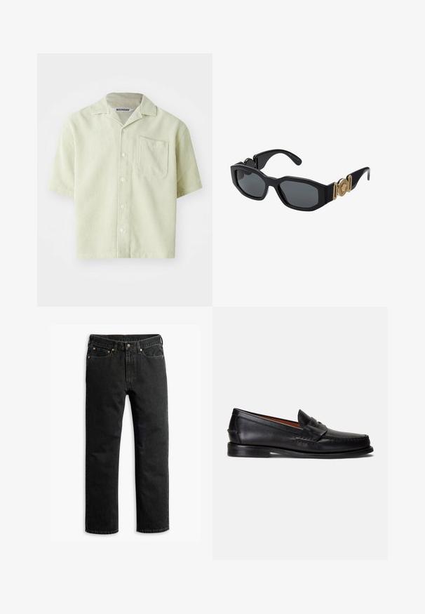 Short-sleeve shirt in light green with pinstripe pattern, single chest pocket, and button front. Made from breathable fabric with a relaxed fit.; Black straight-leg denim jeans with five pockets, belt loops, and a button closure at the waist, laid flat on a white background.; Black leather loafers with a smooth finish, rounded toe, and a decorative band across the upper. Features a low black sole.; Black sunglasses with a chunky geometric frame, dark lenses, and gold metal accents on the temples featuring a round emblem detail.
