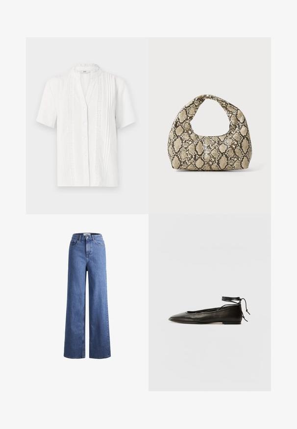 Άσπρη κοντομάνικη μπλούζα με γιακά μάο, διαθέτοντας κάθετες πιέτες και κλείσιμο με κουμπιά μπροστά. Ελαφρύ ύφασμα.; Ανοιχτό μπλε τζιν παντελόνι με φαρδιά πόδια και ψηλή μέση, δύο μπροστινές τσέπες και ορατές ραφές. Διαθέτει κλείσιμο με κουμπί και φερμουάρ.; Μαύρες δερμάτινες μπαλαρίνες με μυτερή μύτη, λουράκι γύρω από τον αστράγαλο και επίπεδη σόλα, με απαλό υλικό και μινιμαλιστικό σχέδιο.; Τσάντα σε σχέδιο φίδι με καμπυλωτή λαβή. Φτιαγμένη από υλικά με υφή, σε μπεζ και καφέ αποχρώσεις, με ξεχωριστό διαμαντένιο σχέδιο.