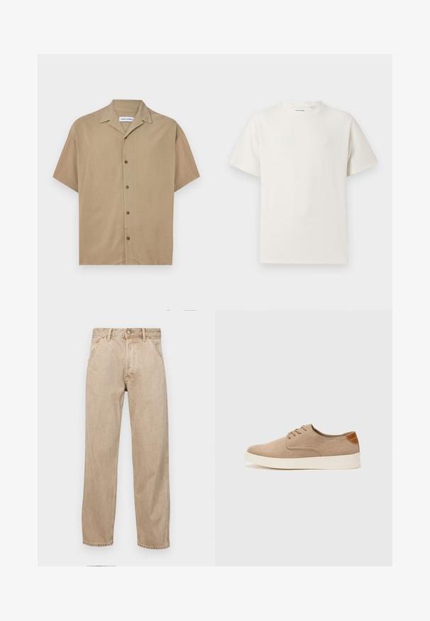 Korte mouwen shirt van lichtbruin stof, met een kraag, knoopsluiting en een gladde textuur. Eenvoudig ontwerp zonder patronen.; Witte korte mouwen T-shirt met ribbelstructuur. Ronde hals, ontspannen pasvorm, geen zichtbare patronen of accenten. Eenvoudig en veelzijdig ontwerp.; Beige denim jeans met een recht gesneden ontwerp, voorzien van voorzakken, een metalen knoopsluiting en een subtiele textuur.; Beige suède sneakers met een ronde neus, vetersluiting aan de voorkant en een getextureerde achteraccent. De witte rubberen zool zorgt voor contrast. Eenvoudig en modern ontwerp.