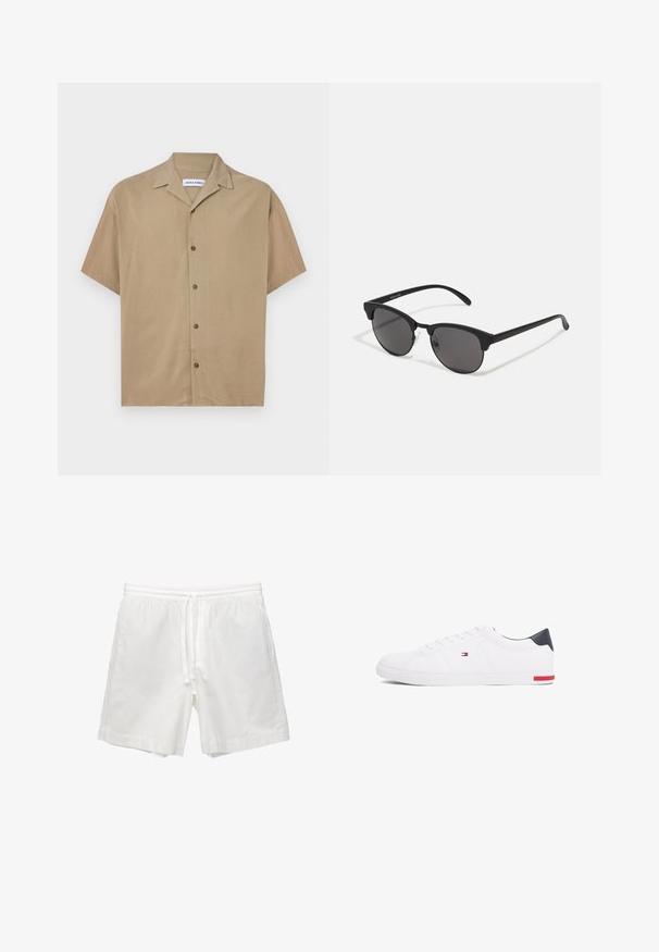 Lyhythihainen paita vaaleanruskeasta kankaasta, jossa on kaulus, nappikiinnitys ja sujuva pinta. Yksinkertainen malli ilman kuvioita.; Valkoiset puuvillashortsit, joissa on joustava vyötärönauha ja nyöri, sivutaskut sekä suora leikkaus viimeistellyillä helmoilla.; Valkoiset matalat tennarit, joissa on sileä nahka. Ominaisuuksiin kuuluu laivastonsininen kantapää ja punainen yksityiskohta pohjassa. Kuusi reikää nauhoille.; Mustat aurinkolasit pyöreillä linsseillä, matalla pinnalla ja erottuvalla kissamaisella muodolla. Kapeat taitteet, joissa on huomaamaton brändäys vasemmassa temppeleissä.