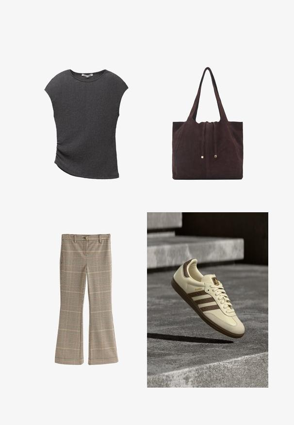 Sivi kratki rukav gornji deo od teksturiranog, rebrastog materijala. Ima zakrivljen rub i opušten kroj, pogodan za svakodnevno nošenje.; Karo hlače smeđe i bež boje s proširenim nogavicama, s jednim prednjim gumbom, prorezima za remen i teksturiranim uzorkom tkanine.; Tenisica krem boje sa smeđim detaljima, teksturiranim bočnim prugama i glatkom kožnom završnom obradom. Ima pertlanje i gumeni potplat.; Mango Velika torba - dark brown