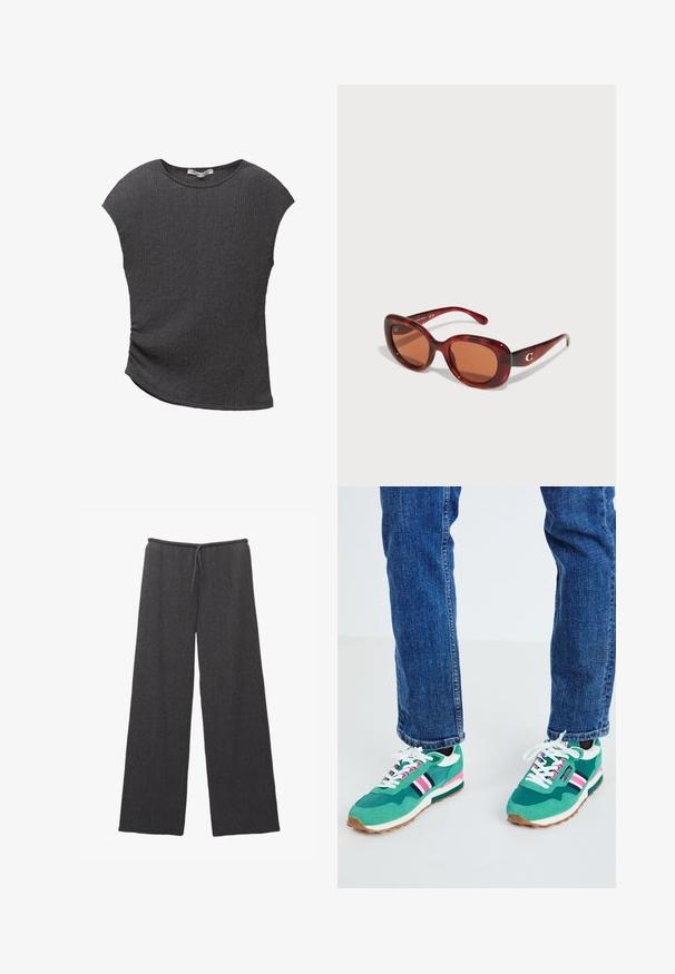 Šedý top s krátkým rukávem z texturovanej ribkované tkaniny. Má zakřivený lem a uvolněný střih, ideální pro volnočasové nošení.; Široké kalhoty v tmavě šedé barvě, vyrobené z texturované tkaniny a s elastickým pasem na šňůrku. Jednoduchý a minimalistický design.; Zelené sportovní tenisky s bílými a námořnickými akcenty, růžovým pruhovým detailem a texturovanou tkaninou. Šněrování s bílými tkaničkami; gumová podrážka.; Červené brýle se slunečními skly s obdélníkovým rámem, obsahující hnědé čočky. Ozdobené malým zlatým logem na pravém spánku.