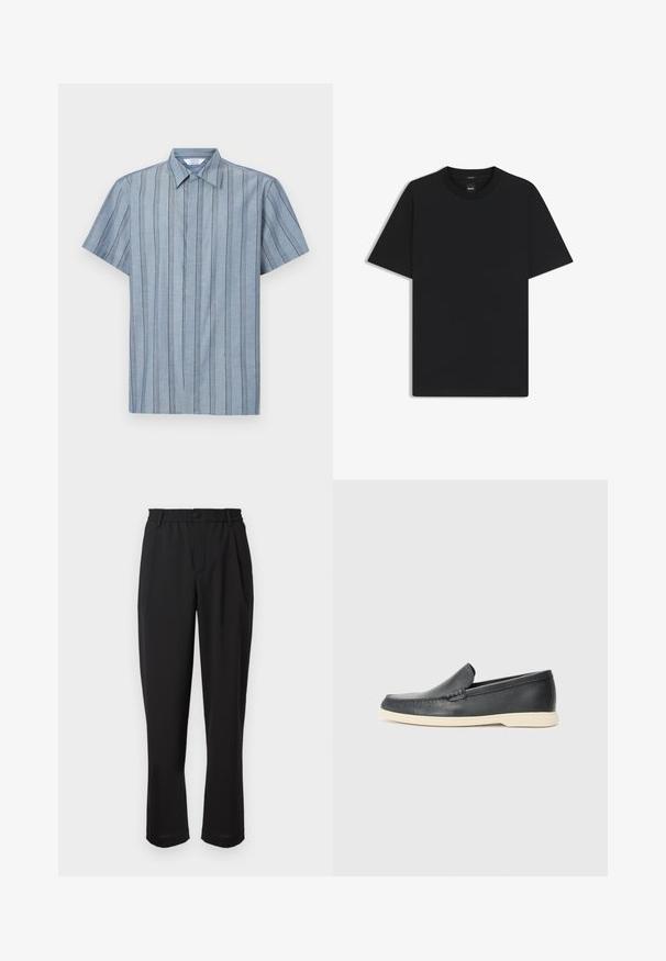 Korte mouwen overhemd met kraag van lichtblauwe stof met verticale strepen. Bevat een gestructureerd patroon en een rechte zoom.; Zwarte korte mouwen T-shirt van een gladde katoenmix, met een ronde halslijn en een minimalistisch ontwerp zonder patronen of accenten.; Zwarte pantalon met een elastische tailleband, knoopsluiting en rechte pijpen. Glad stof, zonder zichtbare patronen of accenten.; Zwarte leren instappers met een gestructureerde afwerking en een contrasterende beige rubberen zool. Beschikt over een subtiele accent langs de voorkant.