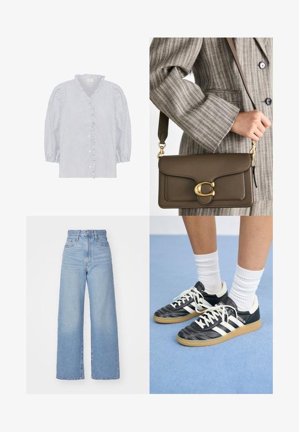 Kaffe OSITA - Pluus - white black oxford stripe; Heledad sinine kõrge vöökohaga laiad teksad, ees nupp ja tõmblukk, ees ja taga taskud, valge tausta peal.; Mustad nahast tennisetossud valgete triipudega, ümar nina, valged paelad ja kummist tallad. Esiletõstetud pehmendatud krae ja brändingu detailid.; COACH TABBY SHOULDER BAG 26 - Käekott - dark stone; Kuldne rõngas kõrvarõngas, millel on ümar ja veidi tekstuuriga disain, kantud vasakus kõrvas tumedate juuste ja musta rõiva taustal.