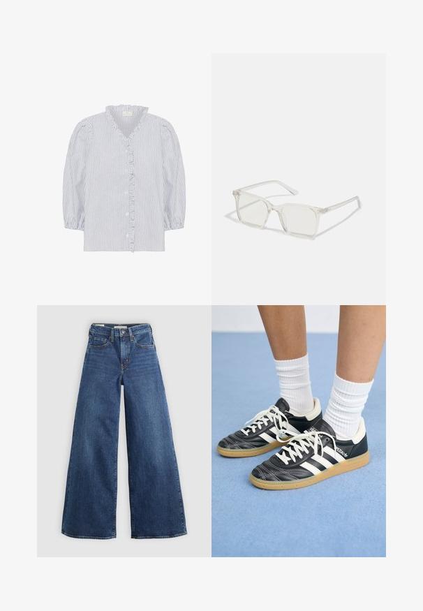 Kaffe OSITA - Bluse - white black oxford stripe; Bredde jeans i blå denim med fem lommer, knaplukning og kontraststing, der har en blød og tekstureret overflade.; Sorte lædersneakers med hvide striber, rund tå, hvide snørebånd og gummisål. Fremhævet af polstret krave og brandingdetaljer.; Klare plastiske briller med firkantet ramme og gennemsigtige linser, der har guld accenter på tempelstængerne for ekstra detaljer.; Sort læder tote bag med et blødt, slattent design, brede håndtag og en glat tekstur. Ingen synlig hardware eller udsmykninger.