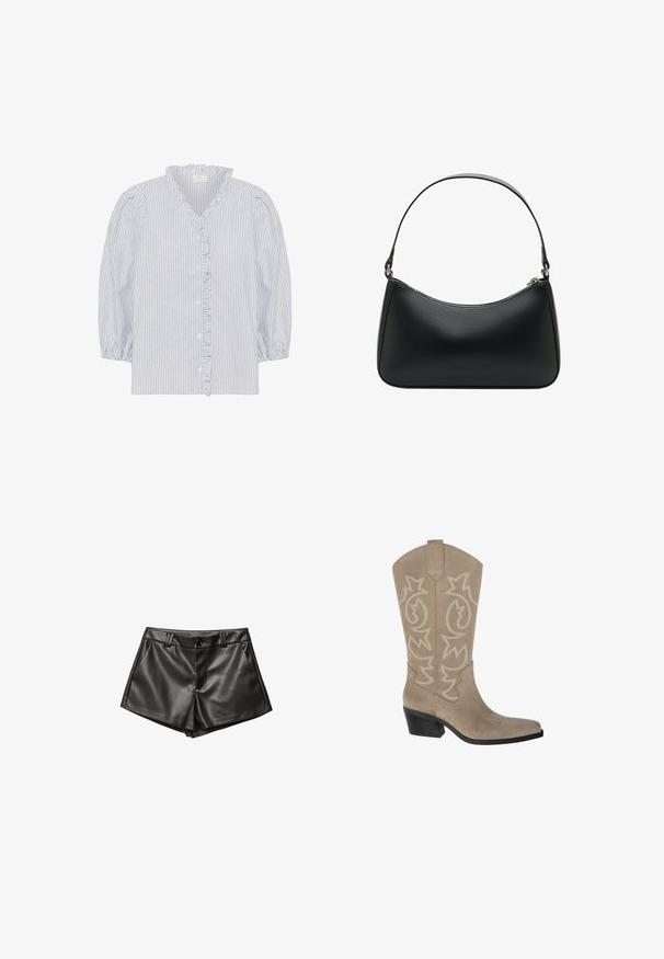Kaffe OSITA - Blúzka - white black oxford stripe; Čierne kožené šortky s upraveným dizajnom, bočnými vreckami, predným zapínaním na gombík a hladkou, lesklou textúrou.; PULL&BEAR Kovbojské/motorkárske čižmy - taupe; Čierna kožená taška na rameno s zakriveným tvarom, jedným plochým popruhom a horným zipsom. Hladká textura s minimálnymi kovovými detailmi.