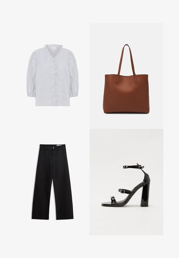 Kaffe OSITA - Bluse - white black oxford stripe; Schwarze weit geschnittene Jeans mit hoher Taille, ausgestattet mit Vorder- und Hintertaschen, gesteppten Nähten und einem Knopfverschluss. Glatte Textur.; Schwarze patentierte Sandalen mit Absatz, quadratischer Spitze, Knöchelriemen und silbernen Schnallen. Mit einem stabilen Blockabsatz für mehr Stabilität.; Braune Leder-Tote mit glatter Textur, offenem Oberteil und zwei Schulterriemen. Verfügt über minimale Nähte und keine sichtbaren Beschläge.