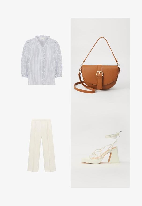 Kaffe OSITA - Bluza - white black oxford stripe; Hlače širokih nogavic v svetli kremni barvi. Narejene iz gladkega materiala s plitkimi naborki spredaj in stranskimi žepi.; Bela sandala na visokih petah s debelim petam, ki ima obliko trakcev in vezanje okoli gležnja. Gladka tekstura z platformo spredaj za dodatno višino.; Rjava usnjena torbica prek telesa s ukrivljeno obliko, zlate opreme in sponko. Ima odstranljiv naramni trak.