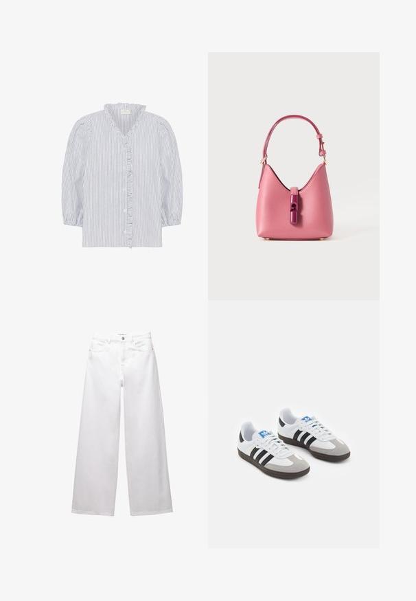 Kaffe OSITA - Blúz - white black oxford stripe; Fehér, bő szárú farmernadrág. Gombos záródással, elülső és hátsó zsebekkel, valamint steppelt varrásokkal rendelkezik. Simas textura, minimális díszítéssel.; Fehér bőr felsőrészes sportcipő, szürke velúrból készült orral és három fekete csíkkal. Jellemzője a kék logó a nyelvén és egy texturált gumitalp.; Rózsaszín bőrtáska strukturált formával, fényes csattal és egy állítható pánttal. Textúrált felület aranyszínű fémrészekkel.