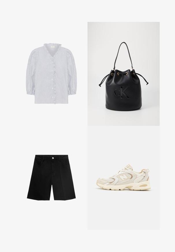 Kaffe OSITA - Bluse - white black oxford stripe; Schwarze Denim-Shorts mit geradem Schnitt, fünf Taschen und silbernem Knopfverschluss. Glatte Textur mit minimalen Nähten.; Beige Sportlichchuhe mit Mesh- und synthetischen Überzügen, mit einer strukturierten Oberfläche, gepolstertem Kragen und "ABZORB"-Dämpfung an der Ferse.; Schwarze Leder-Eimer-Tasche mit Kordelzugverschluss, ausgestattet mit einem glänzenden "CK"-Logo auf der Vorderseite und goldfarbenen Hardware-Akzenten.