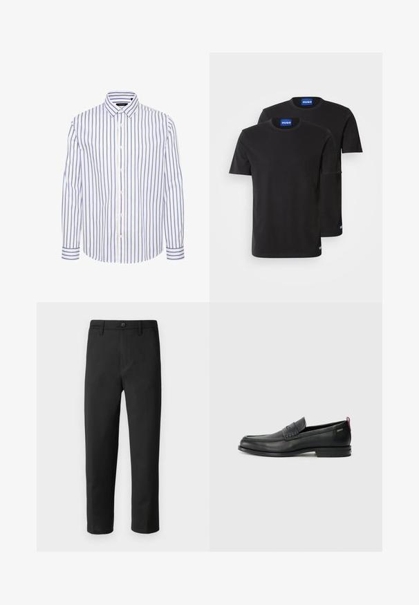 Biała koszula z guzikami z pionowymi niebieskimi i brązowymi paskami, z kołnierzykiem typu spread oraz mankietami zapinanymi na guziki, ozdobionymi dopasowanymi paskami.; Dwie czarne bawełniane koszulki z okrągłymi dekoltami, krótkimi rękawami oraz niebieskimi metkami "HUGO" na kołnierzach i bocznych brzegach.; Czarne spodnie o prostym kroju, wykonane z gładkiego materiału. Posiadają zapięcie na guzik i szlufki na pasek. Bez widocznych wzorów ani akcentów.; Czarne skórzane mokasyny z teksturowanym frontem i gładkimi bokami. Posiadają smukłą podeszwę i tylną pętelkę dla łatwego zakładania. Klasyczny design.