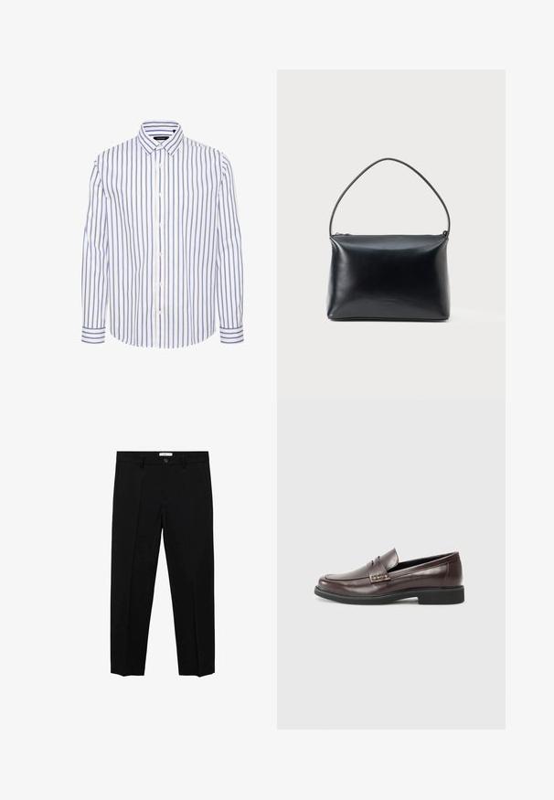 Witte overhemdd met verticale blauwe en bruine strepen, een spread collar, en knoopmanchetten met bijpassende gestreepte accenten.; Zwarte op maat gemaakte broek met een rechte pasvorm, voorzien van een enkele knoopsluiting, ceintuurlussen en voorzijden plooien. Gemaakt van een gladde stof.; Bruine leren loafers met een gladde afwerking, voorzien van een subtiele gestikte detail op de bovenkant en een zwarte rubberen zool.; Zwarte gladde leren handtas met een enkele gebogen handgreep en bovenste ritsluiting, getoond tegen een effen witte achtergrond.