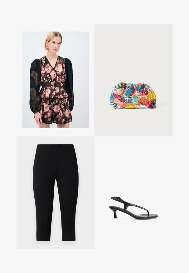Blumenkleid mit Puffärmeln, schwarzem Hintergrund, rosa und braunen Mustern, Knopfdetails und einem rüschierten Saum. Hergestellt aus leichtem Stoff.; Schwarze Capri-Leggings aus dehnbarem Material, die eng anliegen und eine glatte Textur aufweisen, ohne auffällige Muster oder Akzente.; Schwarze Ledersandale mit schlankem Design, dünnen Riemen und einem kleinen Absatz. Verfügt über eine Schnallenakzent und eine glatt strukturierten Fußbett.; Bunte gewebte Clutch-Tasche mit verschiedenen Mustern in Pink, Blau, Grün und Gelb, verziert mit strukturierten Verzierungen und dekorativen Akzenten.