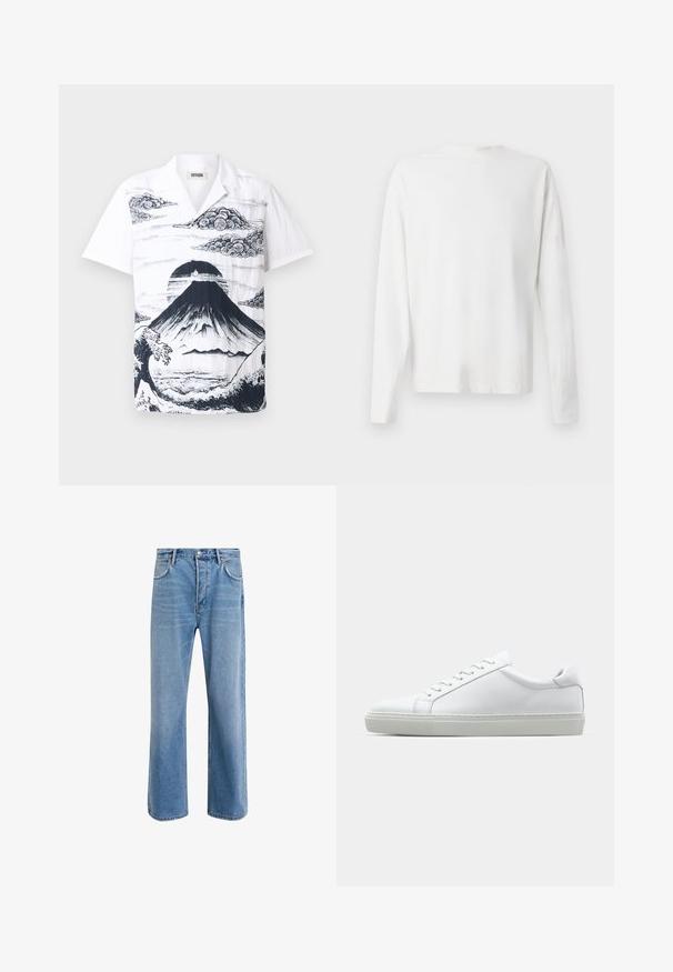 Bela majica s kratkimi rokavi, ki prikazuje črno ilustracijo gore Fuji z oblaki in valovi. Narejena iz lahkega materiala z ohlapnim krojem.; Bela bombažna srajca z dolgimi rokavi in okroglo ovratnikom, z bočnimi razporki na dnu in gladko teksturo, prikazana s hrbtne strani.; Svetlo modre denim kavbojke s ravno nogavico, petimi žepi, z gumbom za zapiranje, minimalnim zbledelostjo in kontrastnimi šivi.; Bela športna obutev z gladkim usnjenim zgornjim delom in nizkim profilom. Ima zaokrožen nos, šest lukenj za vezalke in teksturiran gumijast podplat.