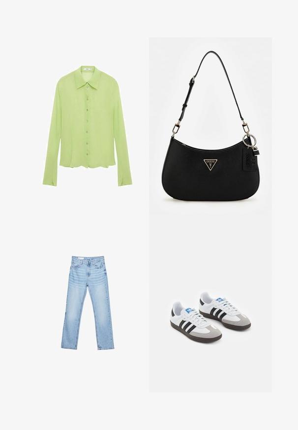 Camicia a maniche lunghe con bottoni di colore verde chiaro, realizzata in tessuto leggero e arioso. Presenta un colletto a punta e un orlo leggermente curvato.; Jeans in denim azzurro chiaro con taglio dritto, design a cinque tasche e cuciture visibili. Vita a media altezza con chiusura classica a bottone e zip.; Scarpe sportive con tomaia in pelle bianca, punta in suede grigia e tre strisce nere. Presentano un logo blu sulla linguetta e una suola in gomma testurizzata.; Borsa a spalla nera in materiale sintetico con silhouette curvilinea, finitura testurizzata, logo triangolare dorato e dettagli in metallo removibili.