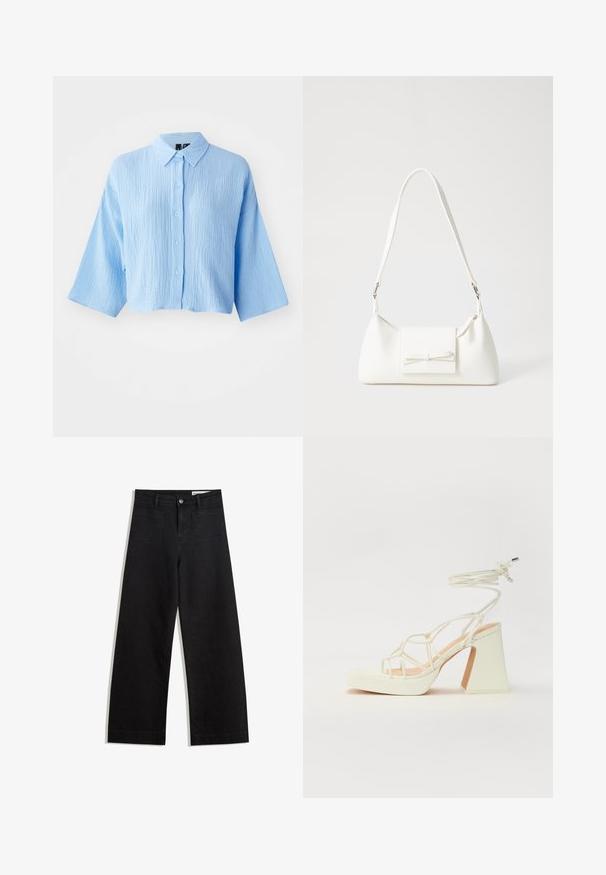Light blue, textured cropped shirt with a button-down front, collar, and wide sleeves. Features six matching buttons down the front.; Black wide-leg denim pants with a high waist, featuring front and back pockets, stitched seams, and a button closure. Smooth texture.; White high-heeled sandal with a chunky heel, featuring a strappy design and ankle tie. Smooth texture with a platform front for added height.; White synthetic handbag with a triangular shape, flat front flap and bow detail, adjustable strap, smooth texture, and minimalistic design.