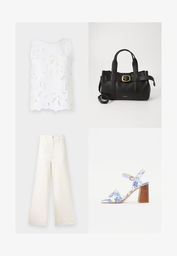 Hvid ærmeløs top med blomsterbroderi i blonde, gennemsigtig struktur og en løs pasform med rund halsudskæring og bølget kant.; Bredde benbukser i lys beige bomuld. Har høj talje, for- og baglommer samt lige pasform. Renset kantafslutning uden mønstre.; Blå blomstrede sandaler med firkantet tå, bred rem og justerbar ankelrem, med en tekstureret træblokhæl.; Sort læderhåndtaske med et struktureret design, dobbelte toppegreb, guldtonet spændeaccents og præget logo på forsiden.