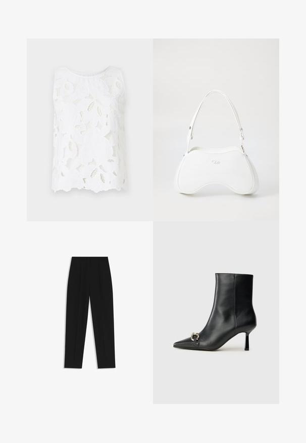 Top bianco senza maniche con ricami in pizzo floreale, texture trasparente e una silhouette ampia con scollatura arrotondata e orlo ondulato.; Pantaloni neri a taglio dritto, con doppie pieghe, una texture liscia e un design classico in vita. Nessun hardware o dettaglio visibile.; Stivale alla caviglia in pelle nera con punta affusolata, tacco sottile di media altezza e dettaglio in fibbia argentata sul lato, su sfondo semplice.; Borsa bianca con superficie liscia e lucida, forma curva e una sola tracolla regolabile. Presenta un logo impresso sul davanti.