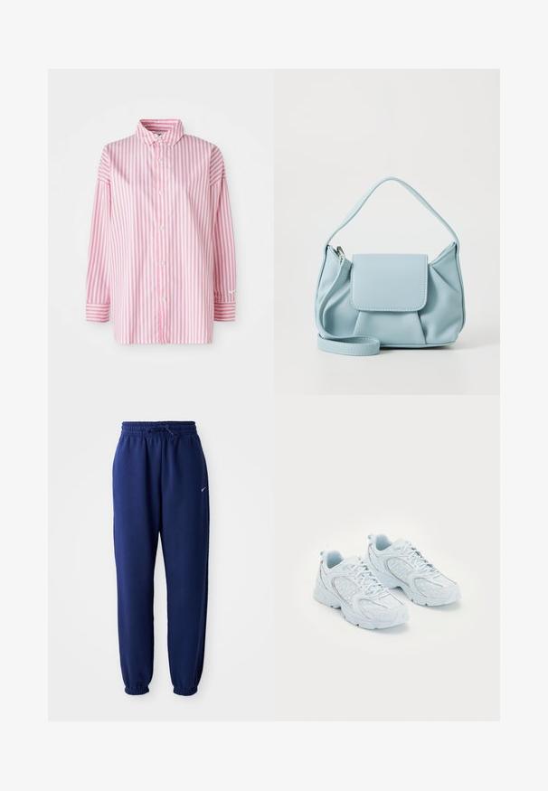Svītrains pogas krekls ar vertikālām rozā un baltām svītrām, garām piedurknēm ar aprocēm un klasisku apkakli. Izgatavots no viegla auduma.; Navy zila sporta bikses, izgatavotas no mīksta auduma, ar elastīgu jostu ar auklu, elastīgiem piedurknēm un mazu balto logo.; Gaiši zili sporta apavi ar tīkla un sintētisku augšdaļu, kas izceļas ar baltām polka punktiem un atstarojošiem akcentiem, saistāma dizaina un mīkstiem zolēm.; Gaiši zila ādas rokassoma ar augšējo rokturi, priekšējo vāku kabatu un noņemamu roku siksniņu uz baltas fona.