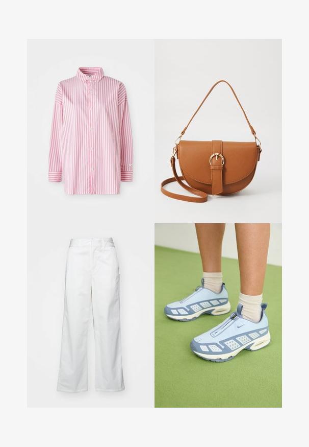 Juostuota marškinėlių chemise su vertikaliomis rožinėmis ir baltomis juostelėmis, ilgomis rankovėmis su rankogaliu ir klasikinio tipo apykakle. Pagaminta iš lengvos medžiagos.; Balti plačios kojos kelnės, pagamintos iš medvilnės, turinčios lygią tekstūrą, tiesų siluetą, priekinės kišenės ir švarų apvado kraštą.; Šviesiai mėlynos sportinės batuokai su baltais akcentais, tekstūruotais paneliais ir užtrauktuku. Yra matoma oro amortizavimo padas ir guminis padas.; Ruda odinė kryžminė rankinė, turinti kreivą formą, auksinius metalinius elementus ir sagtį. Yra nuimama petneša.