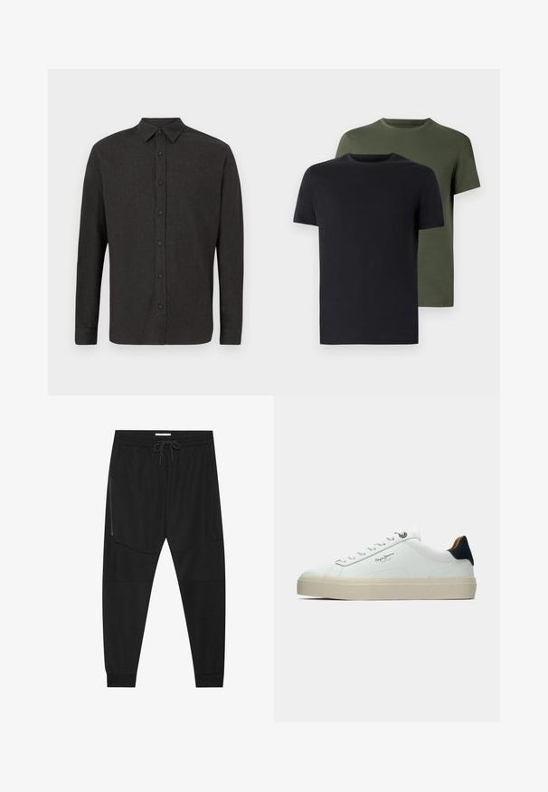 Camicia grigia scura a maniche lunghe con colletto appuntito, esposta piatta su uno sfondo bianco.; Due magliette a girocollo in nero e verde oliva, realizzate in morbido cotone. Il design è semplice, con maniche corte e un taglio dritto.; Pantaloni sportivi neri in tessuto texturizzato, dotati di una vita regolabile, tasca laterale con zip e polsini a gamba affusolata.; Sneaker in pelle bianca con una suola spessa color crema, accento sul tallone blu navy e logo laterale. Texture liscia, design minimalista, con chiusura a lacci.