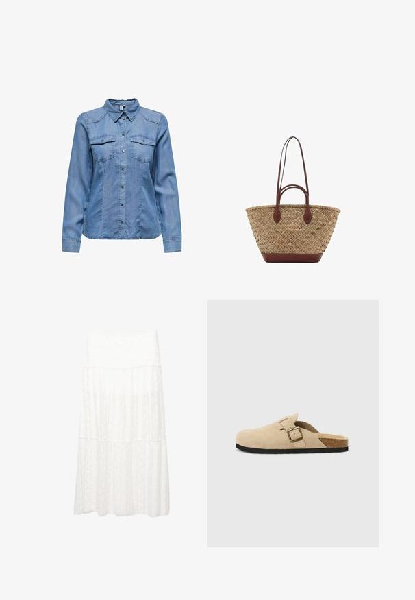 Denim srajca v svetlo modri barvi, s ovratnikom, dolgimi rokavi, dvema žepoma na prsi in srebrnimi pritisnimi gumbi spredaj. Gladka tekstura.; Bela večerna krila z večplastnim dizajnom, širokim pasom in zračnim krojem. Material prikazuje subtilne vzorce po celi površini.; Bež sueded klompe na potplat s koricom, zaobljenim vrhom i jednostavnom trakom s zlatnim kopčom. Gumeni potplat za prianjanje.; Tkana torba iz trstike z pleteno teksturo, temno rjavi usnjeni ročaji in dno, široka okrogla oblika in odprt vrhnji del.