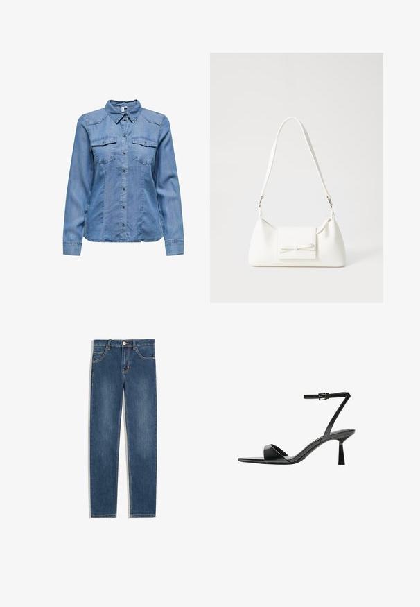 Lichtblauwe denimshirt met een kraag, lange mouwen, twee borstzakken en zilveren drukknoopjes langs de voorkant. Glad textuur.; Donkerblauwe denim jeans met een rechte pasvorm, vijf zakken, subtiele stikdetails en een metalen knoop bij de taille.; Bershka Sandalen met hoge hak - black; Witte synthetische handtas met een driehoekige vorm, platte voorklep en strikdetail, verstelbare schouderriem, gladde textuur en minimalistisch ontwerp.