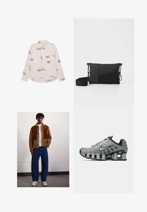 Világos bézs hosszú ujjú ing tengerészkék grafikai mintákkal és szöveggel. Gombos gallérral és mellzsebbel rendelkezik. 100% pamut anyag.; Fehér pamut ujjatlan felső kerek nyakkivágással, széles vállpántokkal és egyenes szegéllyel, sima textúrával, látható minták nélkül.; Férfi áll bent egy barna kordbársony dzsekiben rozsdás foltokkal, fehér pólóban, laza kék farmerben és fehér sportcipőben.; Szürke és fekete Nike futócipő, látható rugós párnázással a talp alatt és fehér swoosh logóval az oldalon.; Fekete válltáska texturált anyagból, átlós mintával, állítható pánttal és oldalsó zsinórzárakkal.