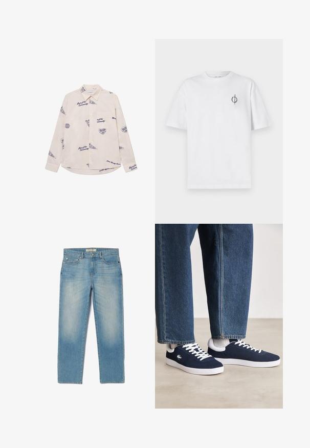Lys beige langermet skjorte med marineblå grafiske design og tekst. Har krage med knapper og et brystlomme. Laget av bomull.; Hvit bomull t-skjorte med avslappet passform, med en liten svart grafisk logo på venstre brystområde. Korte ermer, rund hals.; Lyseblå denimjeans med rett ben-design, fem lommer og en lett utvasket overflate. Har sølvfarget detaljer og et merke på livet.; Blå kanvas sneakers med hvite snørebånd og gummisul, vist sammen med denimbukser og grå ribbestrikkede sokker, på en lys grå overflate.