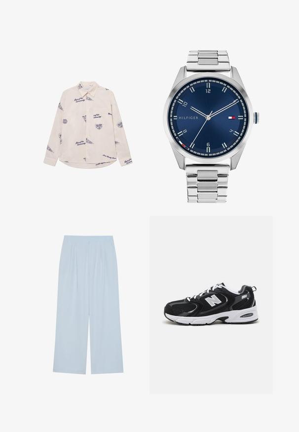 Helle beigefarbene Langarmbluse mit navyblauen Grafiken und Text. Verfügt über einen Button-Down-Kragen und eine Brusttasche. Aus Baumwollstoff.; Zwei figurbetonte Tanktops in Schwarz und Weiß. Aus geripptem Baumwollmaterial hergestellt, verfügen sie über breite Träger und runde Ausschnitte. Branding am Kragen.; Helleblaue weit geschnittene Hose aus glatt verarbeitetem Material, mit vorderen Falten und einem elastischen Bund für zusätzlichen Komfort.; Schwarze und graue Sportschuhe mit Obermaterial aus Mesh und Wildleder, ausgestattet mit einer weißen Zwischensohle, Schnürsenkeln und einem markanten "N"-Logo an der Seite.; Silberne Metall-Uhr mit einem gebürsteten blauen Zifferblatt, weißen Stundenmarkierungen und einem Datumsanzeiger. Verfügt über ein verlinktes Metallarmband und ein Markenlogo.