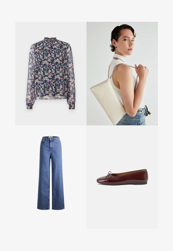 Blusa floral com gola alta, mangas longas e punhos elásticos. O tecido transparente apresenta um fundo azul-marinho e padrões de flores coloridas.; Jeans de ganga azul claro, de perna larga e cintura alta, com dois bolsos frontais e costuras visíveis. Apresenta um fecho de botão e zíper.; Bailarinas em couro sintético borgonha com bico redondo, pequeno laço na frente e sola baixa em borracha preta. Textura suave.; Bolsa de mão retangular branca, feita de material brilhante, com uma alça em corrente prateada. Modelo posa, exibindo a bolsa contra um fundo simples.