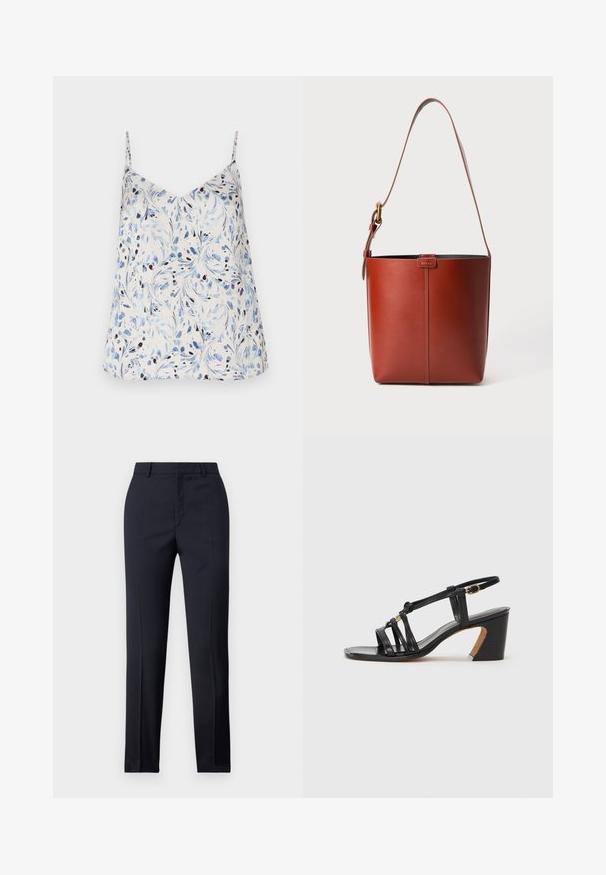 White sleeveless top featuring a floral pattern in blue and black. V-neck design with thin straps and a relaxed fit. Smooth fabric texture.; Navy tailored trousers with a straight cut, featuring a smooth texture, two front pockets, and a clean waistband.; Paul Smith AMIRA - Classic heels - black; Brown leather bucket bag with adjustable shoulder strap and gold-tone buckle, simple vertical seam detail on front.