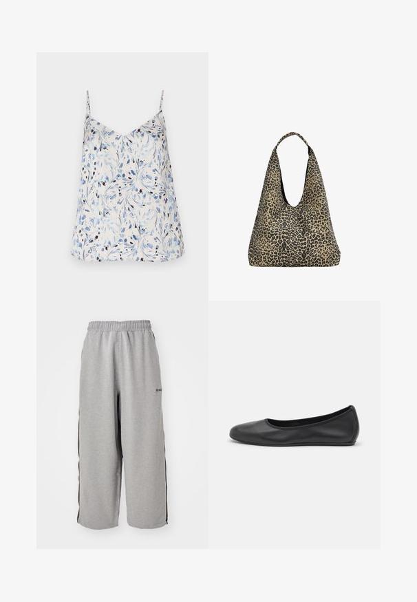 Witte mouwloze top met een bloemenpatroon in blauw en zwart. V-halsontwerp met dunne bandjes en een ontspannen pasvorm. Soepele stofstructuur.; Grijze sweatpants van zachte stof, met een elastische tailleband, een cropped lengte en zwarte zijkanten voor contrast.; Zwarte leren ballerina met een ronde neus, gladde textuur, minimale stikdetails en een flexibele zoolontwerp.; PULL&BEAR Shopper - mottled dark brown