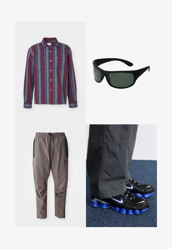 Košela s dlhým rukávom a gombíkovým zapínaním, ktorá je zdobená pruhovaným vzorom v marhuľovej, modrej a zelenej farbe, má dve náprsné vrecká a golier.; Tri biele rebrované tielka vyrobené z bavlny. Majú okrúhly výstrih a malé čierne štítky pri leme. Dostupné v rôznych veľkostiach.; Sivé nohavice Nike s elastickým pásom, šnúrkou na stiahnutie, bočnými vreckami na zips a zipsami na členkoch pre nastavenie veľkosti.; Čierne športové topánky s modrými a striebornými akcentmi, s textúrovaným zvrškom, odvážnym dizajnom podrážky a šnurovacím systémom. Umiestnené na modrom koberci.; Čierne slnečné okuliare s obvodovým rámom a tmavozelenými šošovkami. Matný povrch, zakrivený dizajn, so rovnými stranami a nenápadným logom na boku.