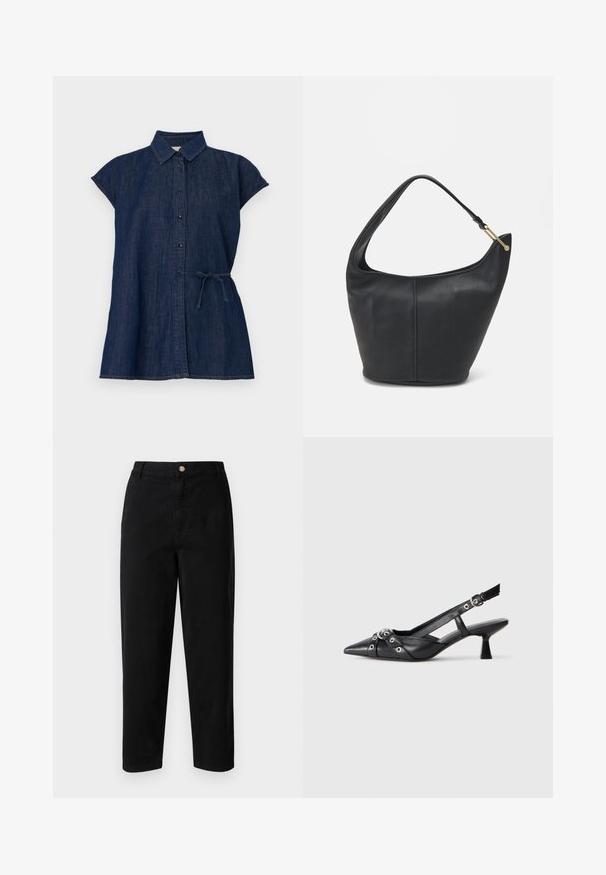 Abito camicia in denim scuro con collo a punta, maniche corte, chiusura a bottoni sul davanti e cintura in vita per una regolazione. Tessuto morbido e taglio casual.; Pantaloni in cotone neri con design a gamba dritta, dotati di chiusura frontale con bottone e passanti per cintura. Tessuto liscio senza fantasie.; Scarpa slingback nera in pelle con punta affusolata, cinturini decorativi con occhielli metallici e tacco basso a blocco. Superficie testurizzata.; Borsa a tracolla in pelle nera con forma arrotondata, una tracolla ampia e una finitura testurizzata. Presenta un dettaglio di cucitura discreto e un dettaglio in metallo dorato.