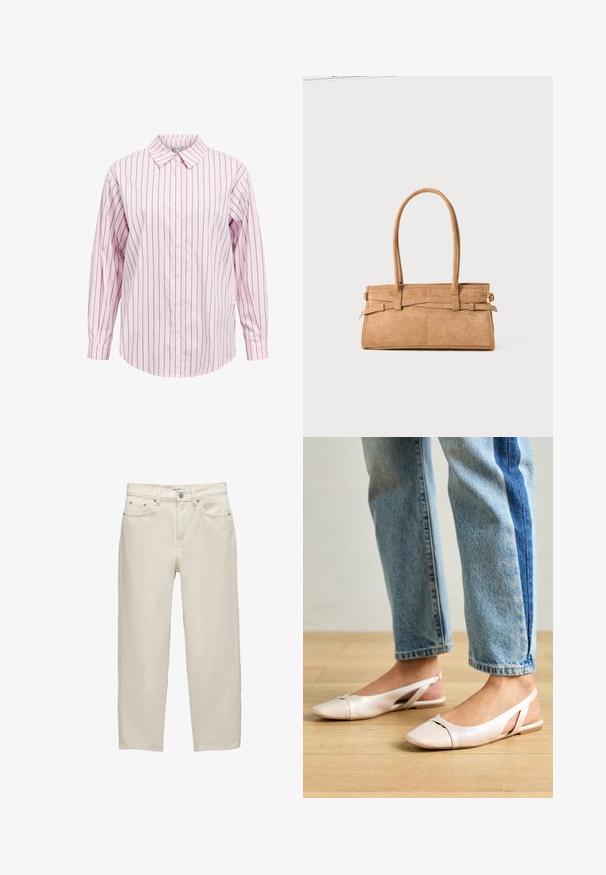 Pink and white striped long-sleeve button-up shirt with a pointed collar and straight hem. Features fabric texture and coordinated button details.; White denim jeans with a relaxed fit, featuring a straight leg, five-pocket design, and metal hardware with a subtle texture.; Pale pink slingback flats with a pointed toe, made from a smooth leather-like material. Features cut-out details at the sides and a flat heel.; Tan suede handbag with two long handles, rectangular shape, and decorative stitching. Features a side strap and subtle gold hardware accents.