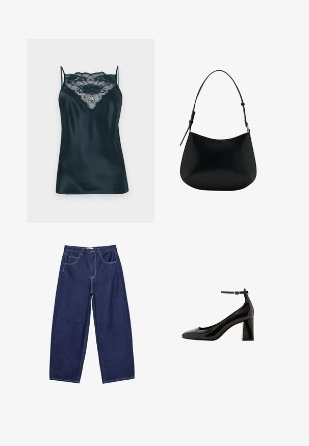Satin-Camisole in Dunkelblau mit einem Spitzeneinsatz am Ausschnitt, ausgestattet mit verstellbaren dünnen Trägern und einer glatten Textur.; Dunkelblaue Jeansweite Hosen mit hoher Taille, fünf Taschen und kontrastierenden weißen Nähten. Glatte Textur, klassisches Design.; Schwarze Lackleder-Pumps mit Knöchelriemen und glänzender Oberfläche, spitzer Zehenform und dickem Blockabsatz. Sanfte Textur, minimalistische Details.; Schwarze Ledertasche mit schmalem Design, geschwungener Form und verstellbarem Griff. Verfügt über minimale Nähte und ein schlichtes Design.