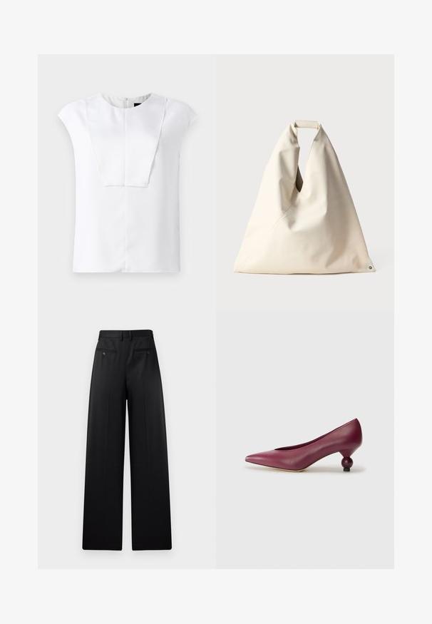 Bílá blůza s krátkým rukávem a kulatým výstřihem, se čtvercovým detailem na přední části, vystavená na jednobarevném pozadí.; Černé kalhoty s širokými nohavicemi mají rovný přední díl, dvě zadní kapsy se zapínáním na knoflíky a hladký povrch. Módní střih s rovnými nohavicemi.; Burgundské kožené lodičky s špičatou špičkou a jedinečným kulatým podpatkem. Hladký povrch s minimálním designem a bez viditelných vzorů.; Béžová taška s měkkou texturou, unikátním zakrouceným uchem a diagonálním švem. Minimalistický design s kulatým akcentem na dně.