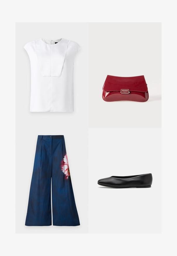 Bela kratka bluzica s kratkimi rokavi in okroglo izrezom ter pravokotnim prednjim panelom, prikazana na enobarvnem ozadju.; Široke hlače v temno modri tkanini, ki imajo rožnati in rumeni cvetlični vzorec na eni strani, z gumbom za zapiranje v predelu pasu.; Paul Smith TOPANGA - Balerinke - black; Rdeča lakasta usnjena torbica z ukrivljenim dizajnom, preklopnim pokrovom in kovinskim logotipom na srebrni plaketi. Gladka, sijajna tekstura.