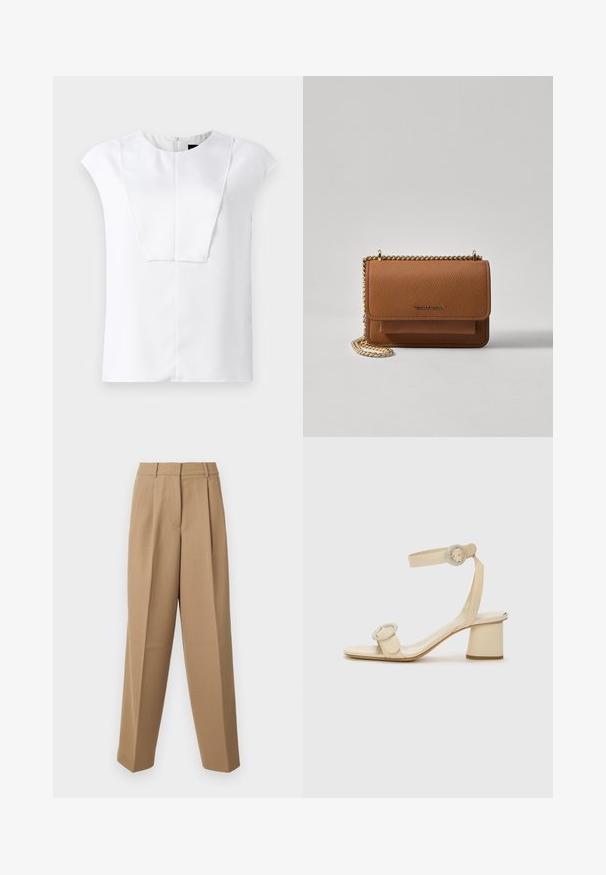 Bílá blůza s krátkým rukávem a kulatým výstřihem, se čtvercovým detailem na přední části, vystavená na jednobarevném pozadí.; Béžové zakázkové kalhoty s vysokým pasem, na přední straně skladkami a širokým střihem. Tkanina se zdá být hladká s mírným leskem.; Béžové sandály na vysokém podpatku s minimalistickým designem, které mají dva kulaté akcenty a silný podpatek. Vyrobené z hladké kůže.; Hnědá texturovaná kožená kabelka přes rameno se zlatým řetízkovým popruhem a klopnovým uzavíráním. Přední strana obsahuje detail loga a kapsu pod klopou.