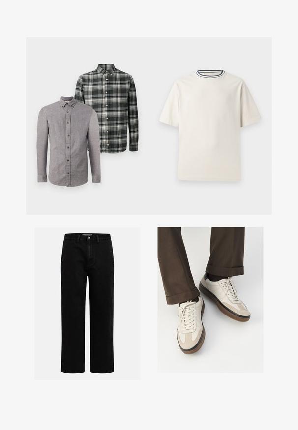 Divas divu garo piedurku pogu krekli, viens vienkrāsains pelēks un otrs melnbalts ģeometrisks raksts, izlikti pret vienkāršas baltas fona.; Krēmlādas kokvilnas T-krekls ar īsām piedurknēm, ar kārtīgu apkakli, ko akcentē tumši zila un balta svītra. Gluda tekstūra, brīva piegriezuma.; Melni denim šorti ar taisnu kāju griezumu, klasiska piecu kabatu dizaina un pogas aizdari viduklī. Gluda tekstūra un izturīgs audums.; Beidzī lasi ar strukturētu zamšādu priekšpusi, gludiem ādas sāniem un brūnu gumijas zoli. Iekļauti auklas un viegla šuvuma detaļas.