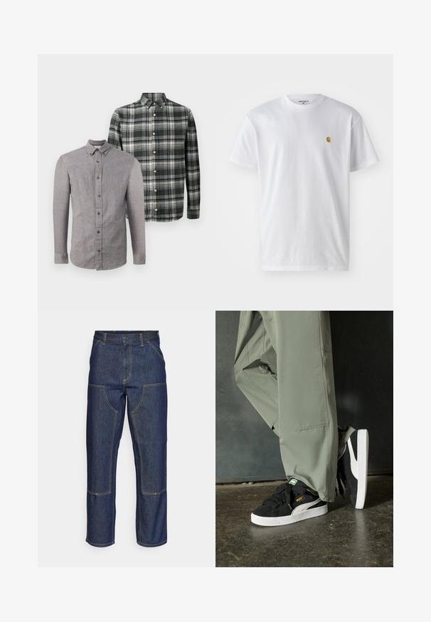 Två långärmade skjortor med knappar, en i enhetlig grå och en i svart-vit rutmönster, visade mot en enkel vit bakgrund.; Vit bomullströja med korta ärmar, rund halsringning, med en liten guldlogotyp på vänster bröstområde. Mjuk textur och vanlig passform.; Mörkblå denimjeans med hög midja, rak bendesign, kontrasterande sömmar och fickor på framsidan.; Svarta mockaskor med vita gummisulor och sidoväggar, kombinerade med ljusgröna cargobyxor, stående på en texturerad mörk yta.
