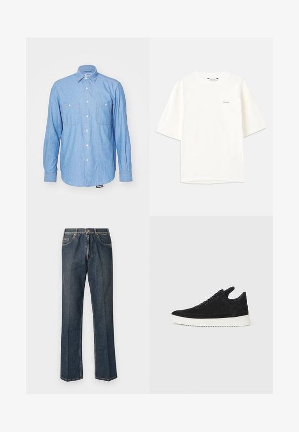 ASPESI CAMICIA SLIM - Camicia - light denim; T-shirt bianco a maniche corte in cotone. Presenta un colletto girocollo e un piccolo logo nero "Holzweiler" sul lato sinistro.; Jeans in denim blu scuro a gamba dritta con bottone frontale, zip, doppie tasche anteriori e pieghe verticali visibili lungo le gambe.; Sneaker in suede nero con suola in gomma bianca, caratterizzato da cuciture tonali e design con lacci. Texture liscia con una forma moderna e aerodinamica.