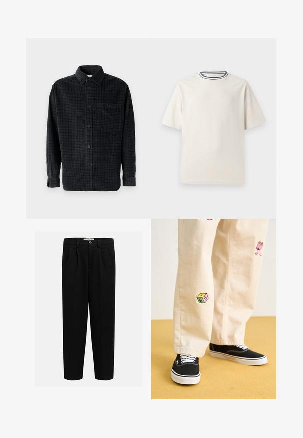 Čierna kockovaná košeľa s dlhým rukávom vyrobená z mäkkej tkaniny, s gombíkovým zapínaním, golierom a náprsníktom.; Krémové bavlnené tričko s krátkymi rukávmi, s okrúhlym výstrihom doplneným námorníckymi a bielymi pruhmi. Hladká textúra, voľný strih.; Čierne nohavice vyrobené z mäkkej látky, so strihom s rovným nohavicami, prednými záhybmi a gombíkovým zapínaním v páse.; Béžové bavlnené nohavice s hravými vyšívanými vzormi vrátane ružovej postavy a farebného bloku, skombinované s čiernymi šnurovacími teniskami.