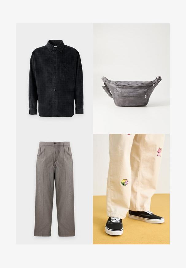 Chemise à manches longues à carreaux noirs en tissu doux, avec un devant à boutons, un col et une poche poitrine.; Pantalon en motif pied-de-poule gris avec une coupe droite, doté de plis, d'une taille avec fermeture à bouton et de poches latérales.; Pantalon en coton beige avec des motifs brodés ludiques, incluant un personnage rose et un bloc de couleur, associé à des baskets noires à lacets.; Sac banane en suède gris avec une forme arrondie, deux compartiments zippés et une sangle réglable. Comprend des accents en métal.